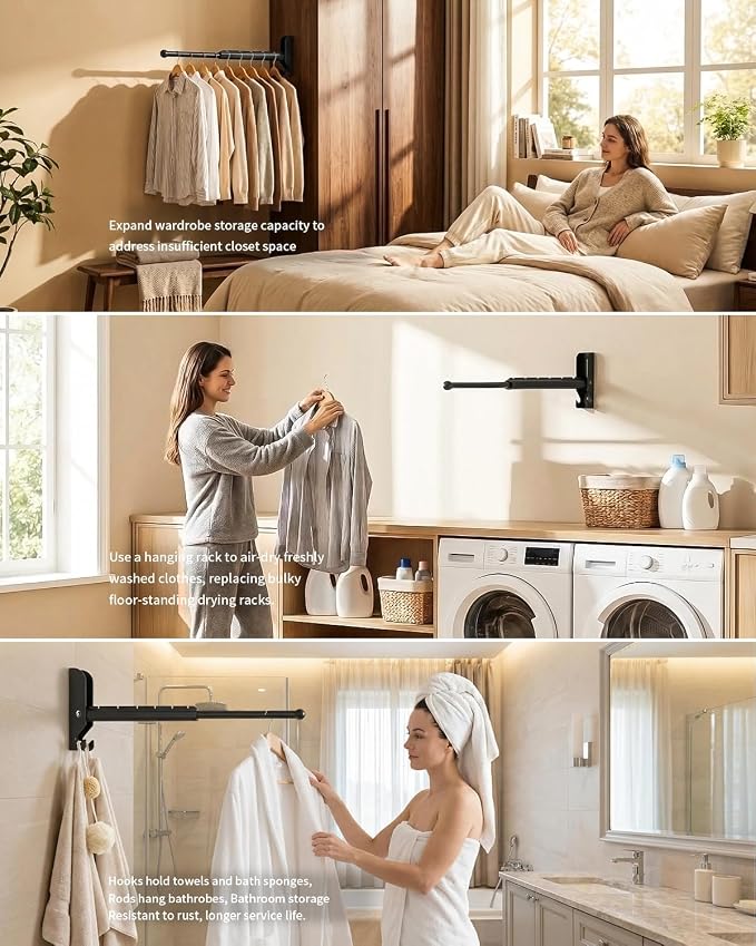 BaiNong Pull Out Wall Mounted Clothes Drying Rack Black 13" Foldable 2 Pack | Laundry and Drying Solutions for Small Spaces Easy to Install