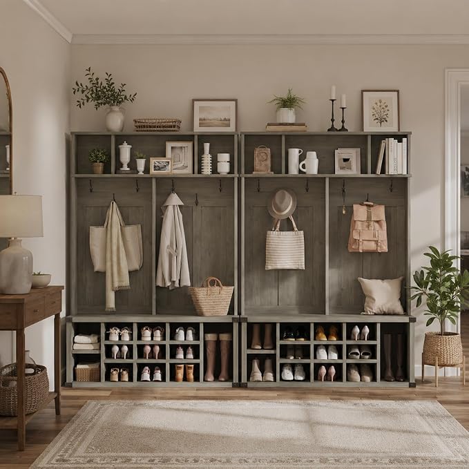 Garvee Farmhouse Entryway Hall Tree with Bench, Shoe Storage & Coat Rack | Large 5-in-1 Mudroom Storage w/ 6 Tri-Hooks & Seating, 13 Cubbies & Adjustable Shelf, Metal Corner Protctor, Rustic Gray