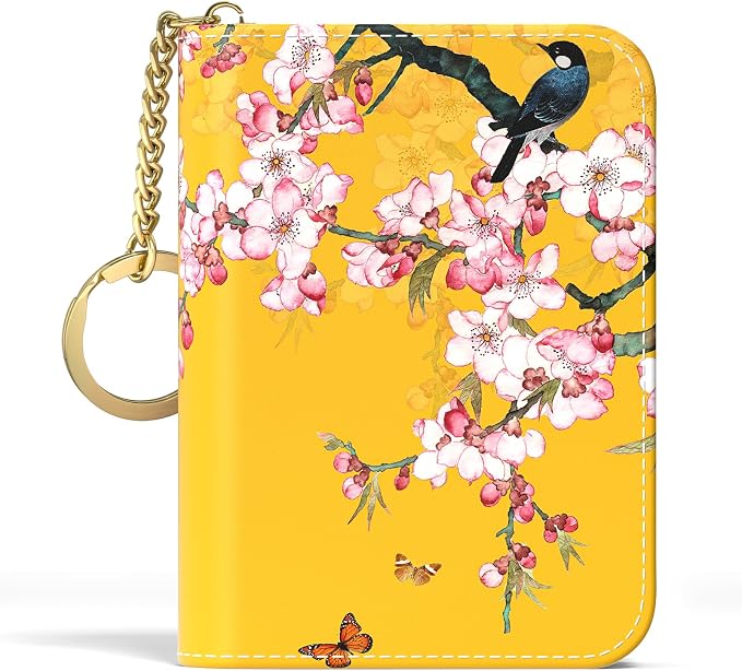 Aiawoxc Credit Card Holder, Small RFID Wallet Slim Leather Card Organizer Case with Zipper and Keychain, Beauty Flowers