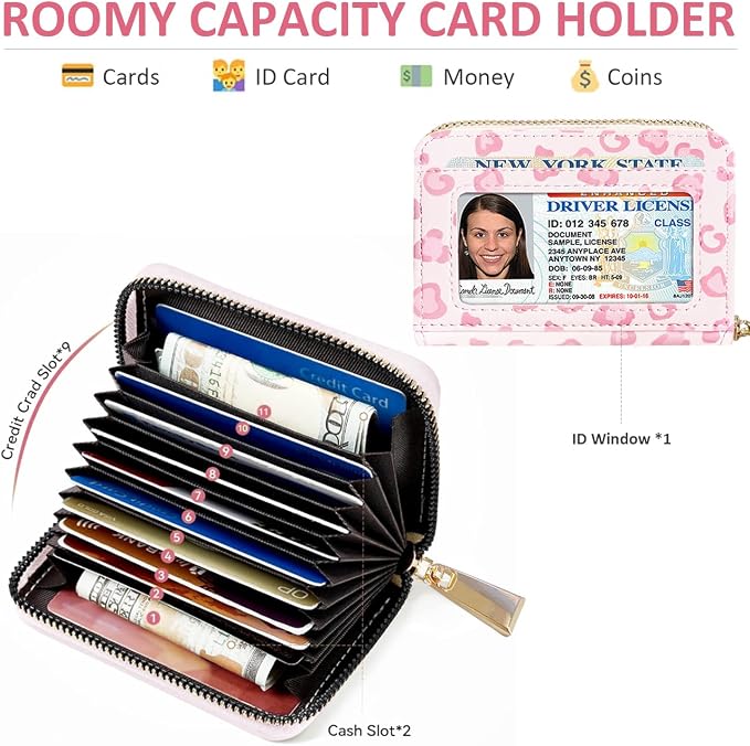 Sunwel Fashion Credit Card Holder for Women Small Accordion Card Cases with ID Window (PINKLEOPARD)