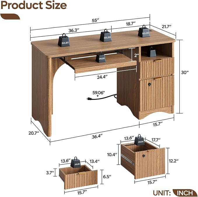 Bestier 55" Office Desk with Locking File Drawer & Charging, Brown | Partitioned Storage & Cable Management,Oak,Easy Assembly,Smart Fingerprint Drawer Lock,Wear-Resistant Easy-Clean Desktop