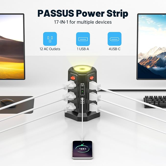 PASSUS Surge Protector Power Strip with PD 65W USB C Port, USB C Fast Desktop Charging Station with 12 Widely Spaced AC Outlets|4 USB C|1 USB A|Night Light, 10FT Extension Cord for Home Office Dorm