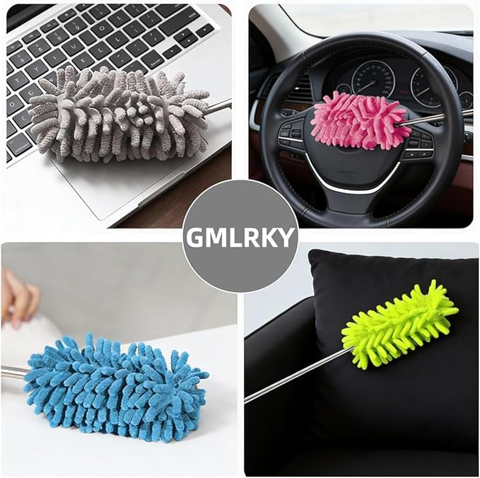 Microfiber Duster for Cleaning, GMLKRY Hand Washable Dusters with 3pcs Replaceable Microfiber Head, Extendable Pole, Detachable Cleaning Supplies for Office, Car, Window, Furniture (Orange)
