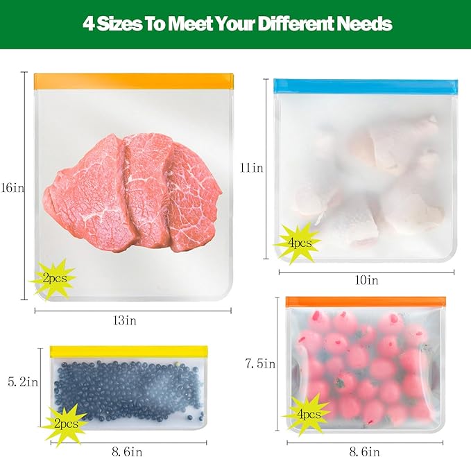 12 Pcs Reusable Food Storage Bags, 4 Type Different Sizes Leak Proof Reusable Freezer Bags, BPA Free, Used For Home Storage And Camping Food Storage