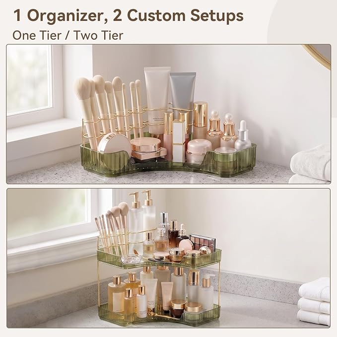 2-Tier Corner Bathroom Counter Organizer with Makeup Brush Holder, Green | Large Makeup Organizers for Vanity, Corner Bathroom Countertop Organizer for Cosmetic Perfume Skincare Storage