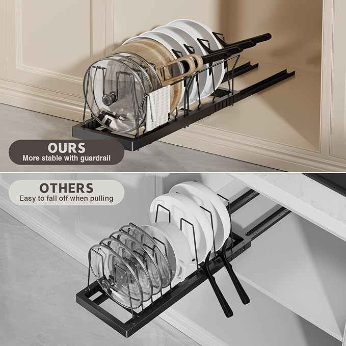 Magheo Pots and Pans Organizer Under Cabinet, 22" Deep Expandable Pull Out Pot Lid Organizer and Storage with 10 Adjustable Dividers No Drill Pot and Pan Holder Rack with Handle Bracket(1 Pack,Black)