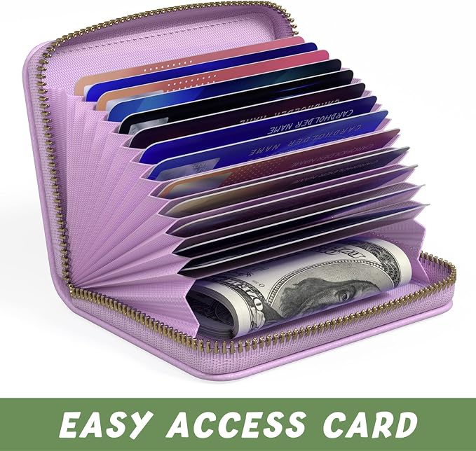 Aiawoxc Credit Card Holder for Women, Small RFID Wallet Slim Leather Business Card Organizer Case with Zipper and Keychain, Purple