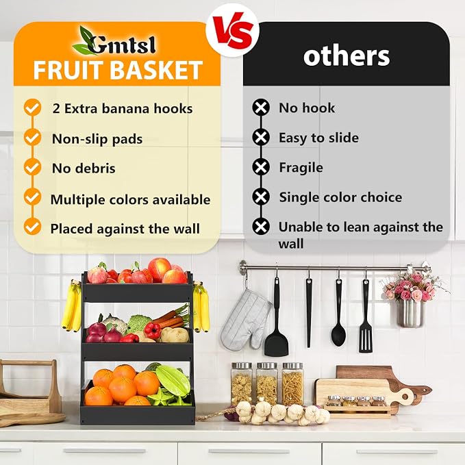 Gmtsl Bamboo Fruit Basket for Kitchen, Fruit Holder for Kitchen Countertop | 3 Tier Fruit bowl for Kitchen Counter, Fruit Stand, Vegetable Basket Storage, Produce Organizer, Bread Snack Display(BLACK)