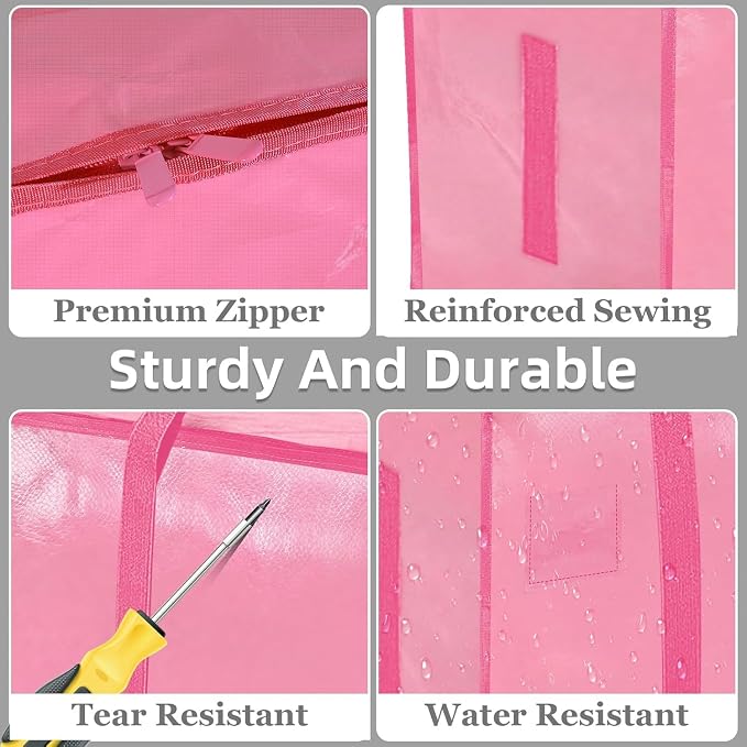 Extra Large Heavy Duty Moving Bags - Waterproof Storage Totes with Reinforced Handles & Zippers, Foldable for College Dorm Essentials, Clothes Storage & Travel (4-Pack Pink)