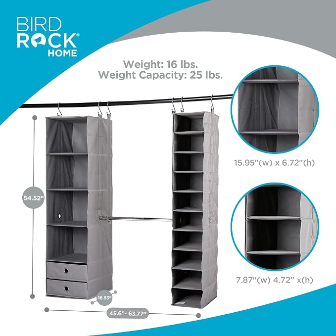 BIRDROCK HOME 5pc Hanging Closet Organizer System with Storage Shelves - Grey - Shoe Clothing Organization - Great for College Dorms or Kid Bedrooms Nursery