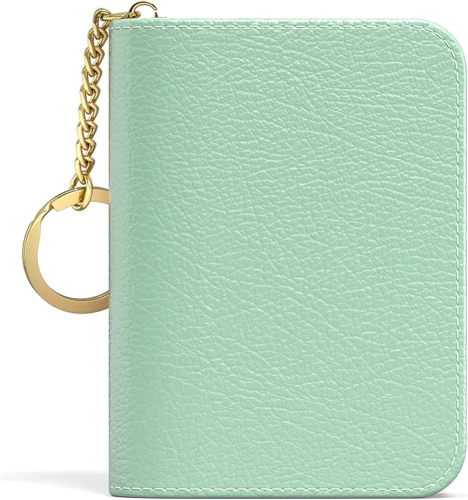 Aiawoxc Credit Card Holder for Women, Small RFID Wallet Slim Leather Business Card Organizer Case with Zipper and Keychain, Green