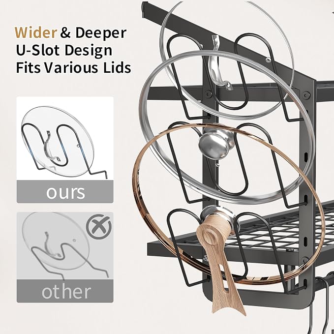 30"Pot Rack Wall Mounted with 6 Pot Lid Holders,12 Hooks for Hanging Pans | 2 tier black heavy duty metal shelves for pots and pans organizer,200lbs capcity, space saving for apartment, neat countertop