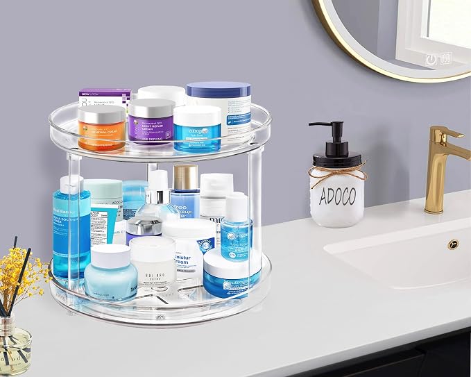 2 Tier Lazy Susan Organizer 10.6 Inch | Clear Makeup Skincare Organizer for Vanity, Bathroom Countertop Organizer, Spice Rack Organizer