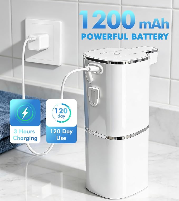 RYTOXILO Automatic Foaming Soap Dispenser Touchless, 2 Pack White Auto Foam Soap Dispensers for Bathroom and Kitchen, 15 Fl Oz Plastic Electric Dish Foamy Dispensers Wall Mount with 1200 mAh Battery