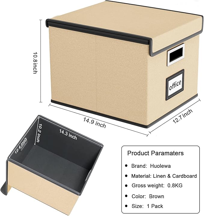 Huolewa File Organizer Box with Lid, Collapsible File Folder Organizer for Office Document Storage, Filing Box with Plastic Slide for Letter Size Hanging File Folders(1 Pack, Brown)