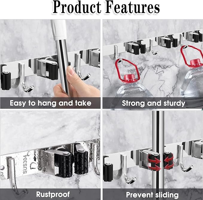 2 Pack Broom Holder Wall Mount, 3 Racks 4 Hooks Mop and Broom Organizer | Mop Holder Wall Mount and Broom Hanger for Garage, Laundry Room, Kitchen and Utility Storage