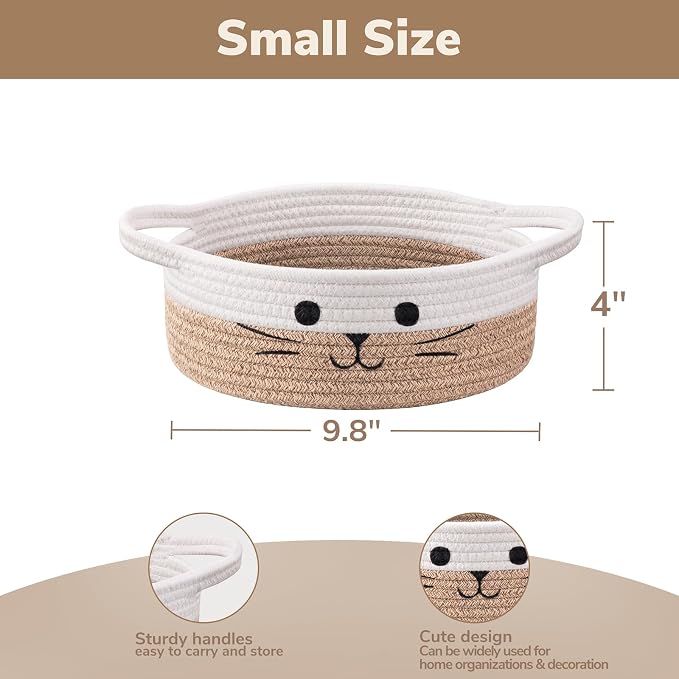Cute Cat Toy Basket, Gift Baskets Empty for Home Decor, Soft Woven Basket for Living Room, Decorative Storage Baskets for Diaper Caddy, White & Brown, 9.8 x 4 inches