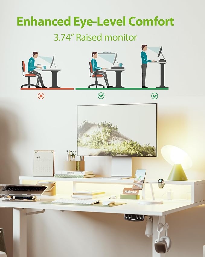 Agilestic 48x24 Inch Electric Standing Desk with Shelf, Height Adjustable Desk with Power Outlets & LED, Sit Stand Up Table with Monitor Stand, Computer Workstation, White