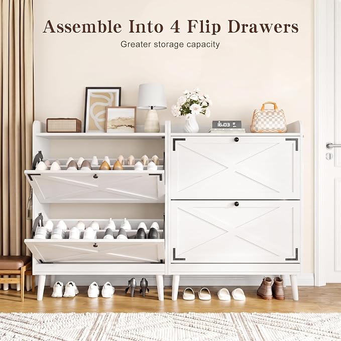 Shoe Storage Cabinet with 2 Flip Drawers & Adjustable Shelves, Freestanding Shoe Cabinet with Side Hooks Narrow Shoe Rack Cabinet for Entryway, Hallway, Rustic White