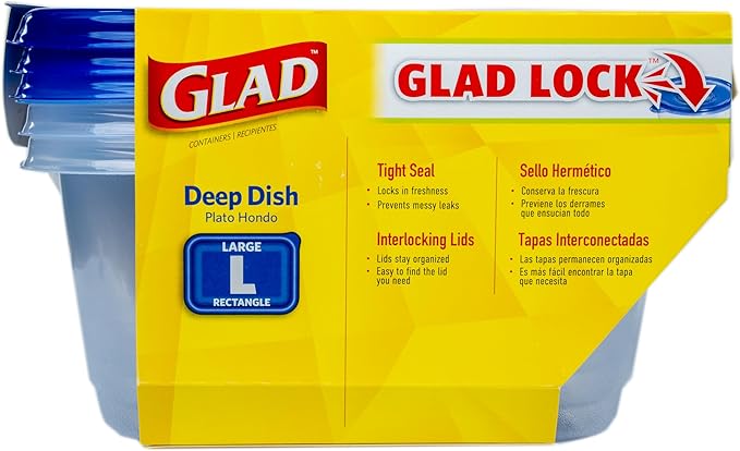 Glad GladWare Deep Dish Food Storage Containers with Lids, Large Rectangle BPA Free Plastic for Soups Salads and Meal Prep, Lock Tight Seal, Microwave Dishwasher Safe, 64 Oz, 3 Count - 6 Pack