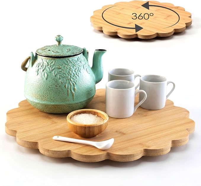 Gisafai 14-inch Scalloped Bamboo Tray 360-degree Lazy Susan Rotating Plate Turntable for Kitchen Counter, Pantry Organization and Spice Rack, Smooth Ball-Bearing Spinner for Farmhouse Decors