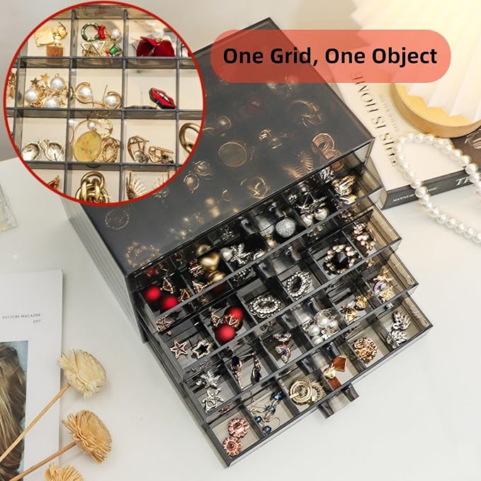 Feadily Acrylic Jewelry Organizer Box, Jewelry Drawer Organizer With 5 Drawers 120 Grids, Black