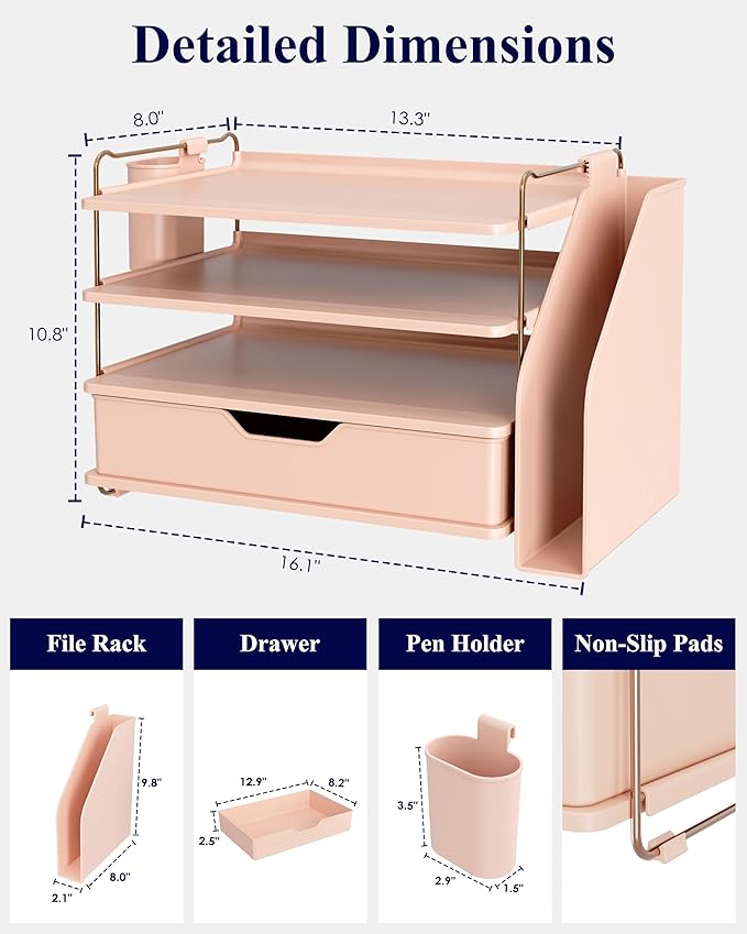 Kitsure Desk Organizer - 4-Tier Office Desk Accessories with Drawer ＆ Pen Holder, Tool-Free Assembly Organizer with Non-Slip Pads, for Office Supplies Storage, Plastic, 13.3" x 8.0" x 10.8", Rose Gold
