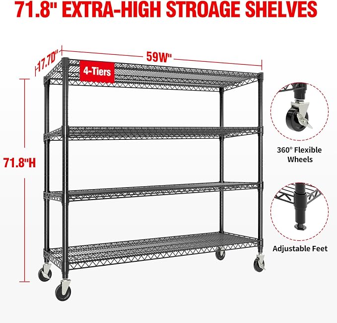 59"W Storage Shelves 2640LBS Heavy Duty Garage Shelving Units with Wheels, 4-Tiers Wire Shelving Rack Metal Storage Shelves with Adjustable Shelf, for Garage Pantry Kitchen Commercial Industrial