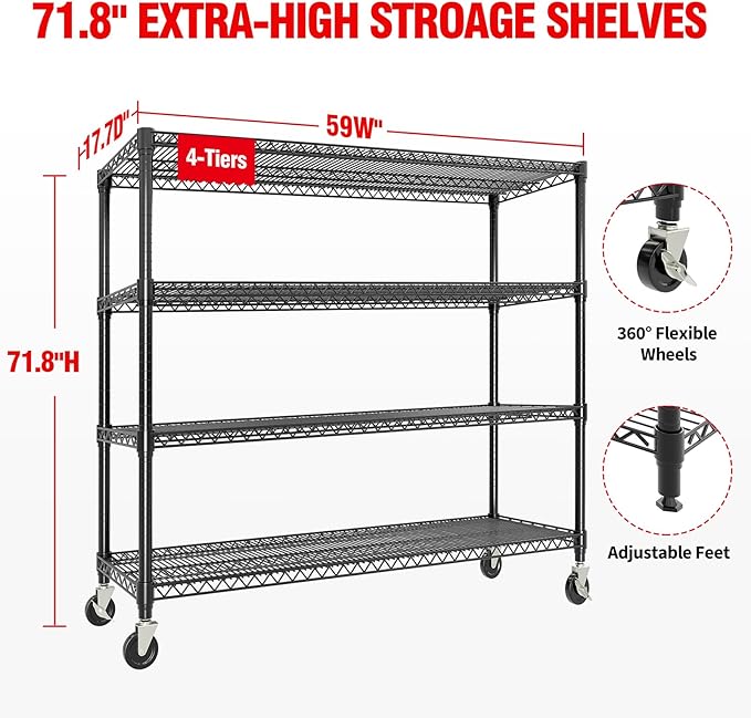 Garvee Metal Shelving with Wheels 4-Tier, 71.8"H Storage Shelves Heavy Duty Rolling Rack Shelf with Lockable Casters, Adjustable Wire Shelving Units, for Garage Commercial Kitchen Pantry, 59" Wx17.7"D | 2560LBS, Adjustable Wire Shelving Units, Rolling ...