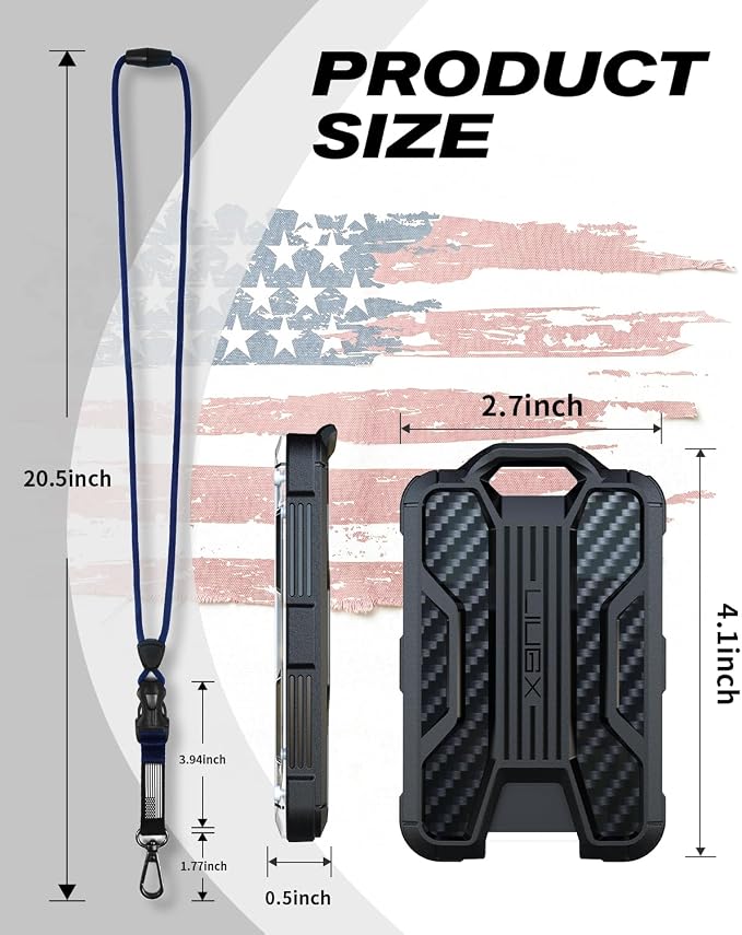 LIUGX Badge Holder with Breakaway Lanyard, Carbon Fiber-Texture, 6 Cards | American Flag, Quick Release Detachable Buckle, Metal Clip, Heavy Duty ID Card Holder, for Work, Office, All Blue