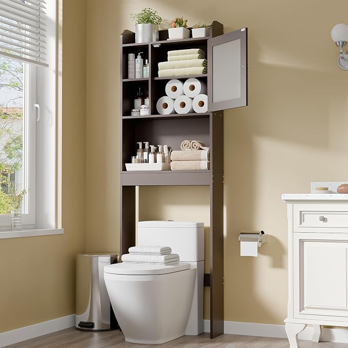 ZENY Over The Toilet Storage Cabinet, Bathroom Organizer with Adjustable Shelf and Double Doors, Freestanding Bathroom Space Saver Toilet Rack (Brown)