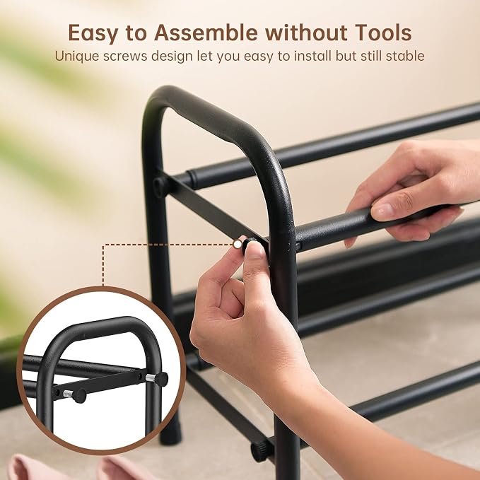 Gonfoam Expandable 2-Tier Shoe Rack for Closet and Entryway, Black | Tool-Free Assembly, Metal Material, Adjustable Shoe Organizer, Sturdy, Small Space Solution, Dorms, Garages, Apartments.