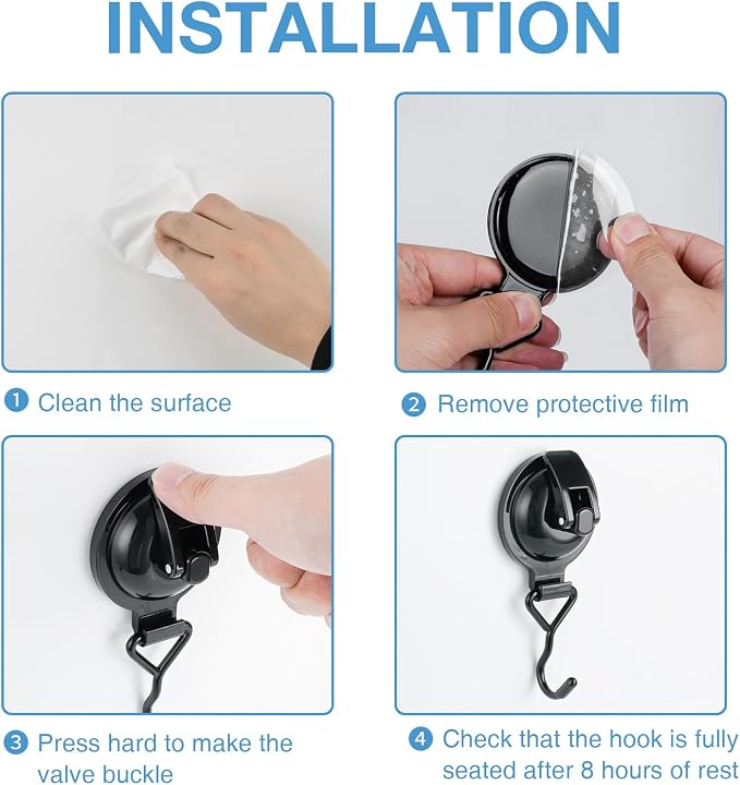 Heavy Duty Vacuum Wreath Cup Adhesive Hook,Hanging 13 lbs Robe Towel Hooks, Super Suction for Kitchen， Bathroom and Restroom (Shiny Black, 2Pack)