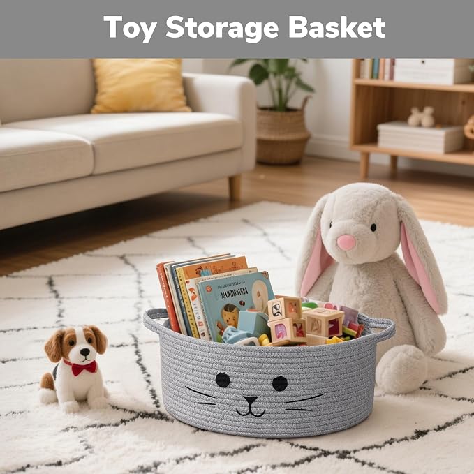 13.8" x 6" Cat Toy Basket, Woven Basket for Living Room Home Décor, Medium Empty Gift Baskets for Nursery, Cotton Rope Baskets for Cats Bed, Grey