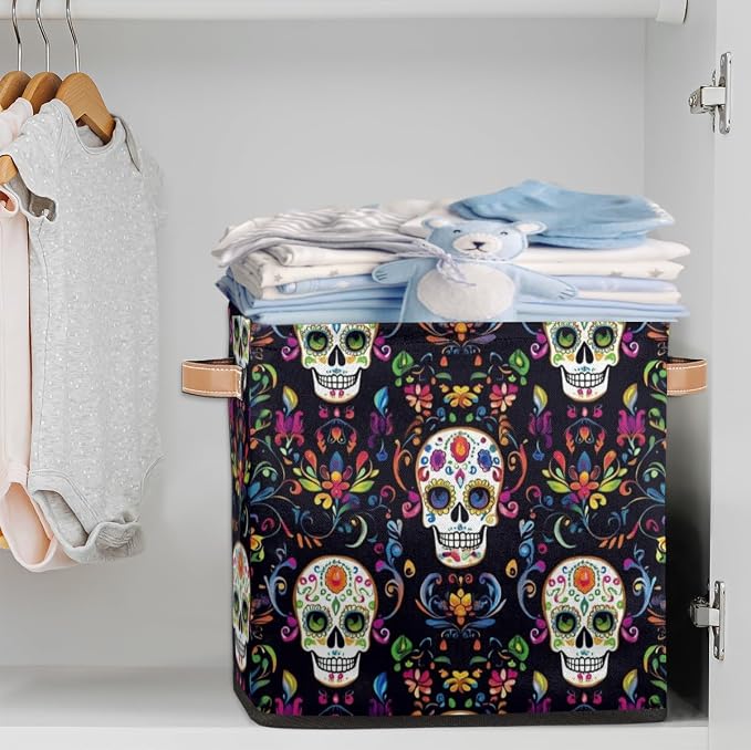 TropicalLife Flower Skull Storage Cube, 13 Inch Fabric Cube Storage Organizer Bin for Shelves Clothes, Decorative Foldable Storage Boxes