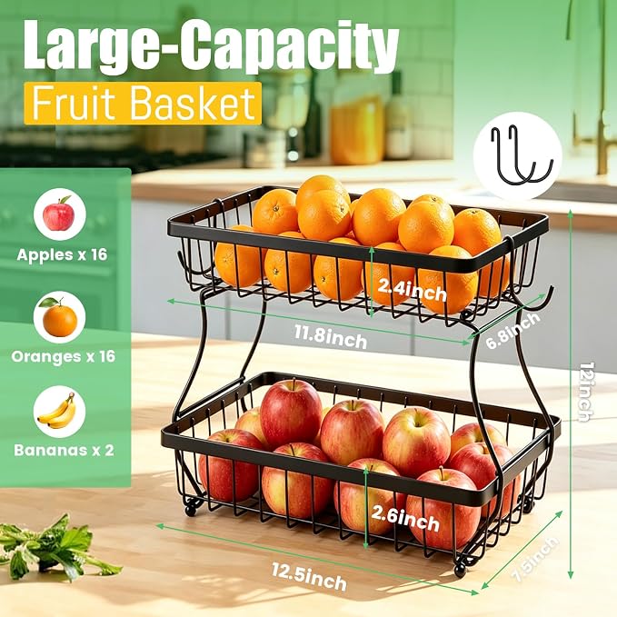 2-Tier Fruit Basket for Kitchen Counter with 2 Banana Hangers | Large Metal Fruit Bowl, Versatile Holder for Veggies, Produce Storage, 12.5"×7.5"×12"-Black
