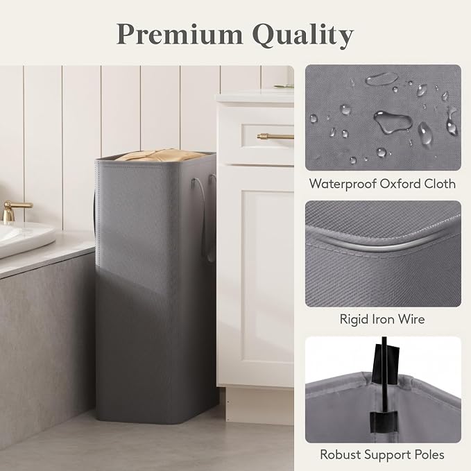 Lifewit Slim Laundry Hamper, Narrow Small Laundry Basket with Handle for Dirty Clothes, Collapsible Tall Thin Laundry Bin for Bathroom Bedroom Dorm College, 75L, Grey