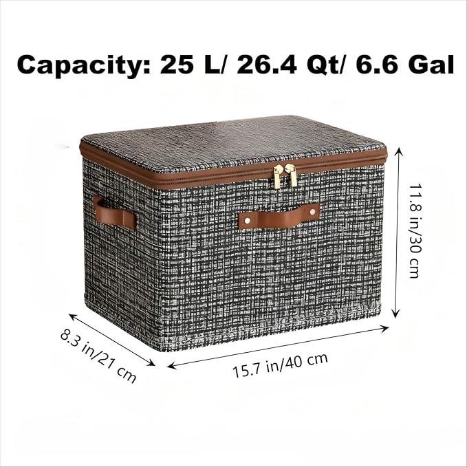 4 Pack 26.4 Quart Fabric Storage Bins with Lid, 15.7x11.8x8.3 in Stackable Closet Organizer Baskets, Foldable Polyester Cube Storage with Handles, Decorative Organizer Boxes for Shelves, Grey
