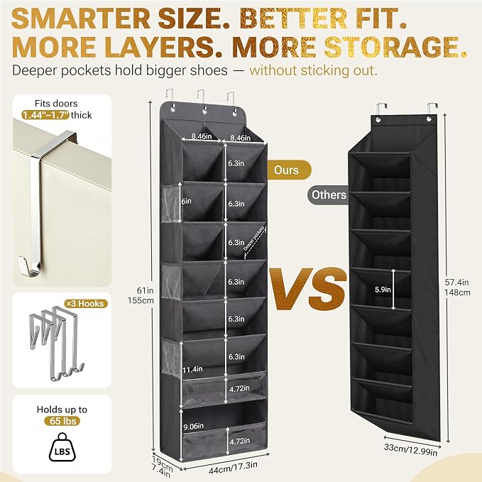 HOMELUX THEORY 8 Tier Hanging Shoe Organizer for Closet, Over the Door Shoe Organizer with Deep 120D Extra Thick Pockets, Shoe Rack for Closet & Entryway, with 6 Side Pockets for Boots (Dark Gray)