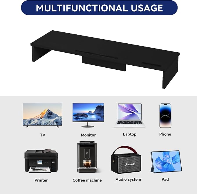 Dual Monitor Stand Riser with Phone Tablet Holder, 35.8in Large Monitor Stand for Desk, Computer Monitor Stand for 2 Monitors, Desk Shelf for Top of Desk, Desktop Organizer for Laptop, Printer, TV