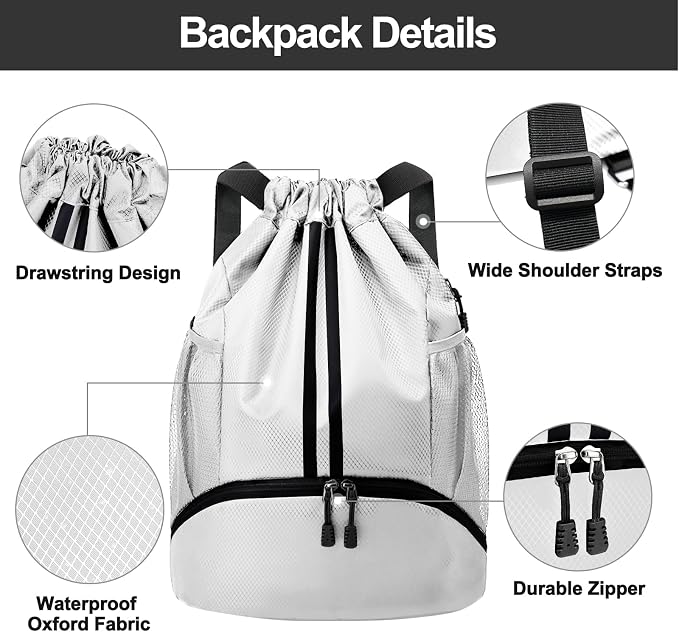 Hoedia Sports Drawstring Backpack - String Swim Gym Bag with Shoes Compartment and Wet Proof Pocket for Women and Men