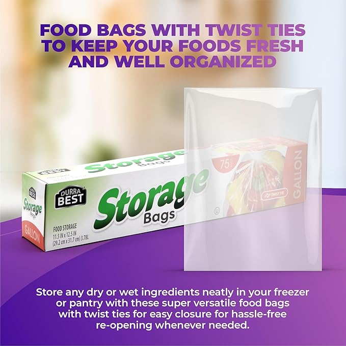 1 Gallon Food Storage Bags with Twist Ties, 75 Count Clear Plastic Baggies for Bread, Snacks, Fruits, Baked Goods – Durable, Leak-Resistant, Food Safe – by DURRA BEST