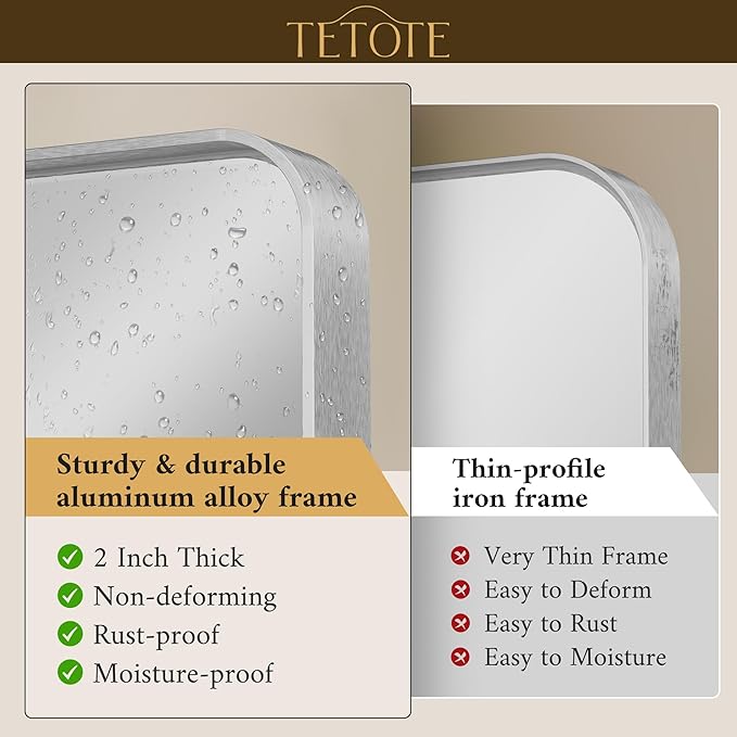 TETOTE 60 x 40 Inch Brushed Silver Bathroom Mirror, Bathroom Vanity Mirror, Modern Rectangle Round Corner Matte Framed Mirror (Horizontal/Vertical)