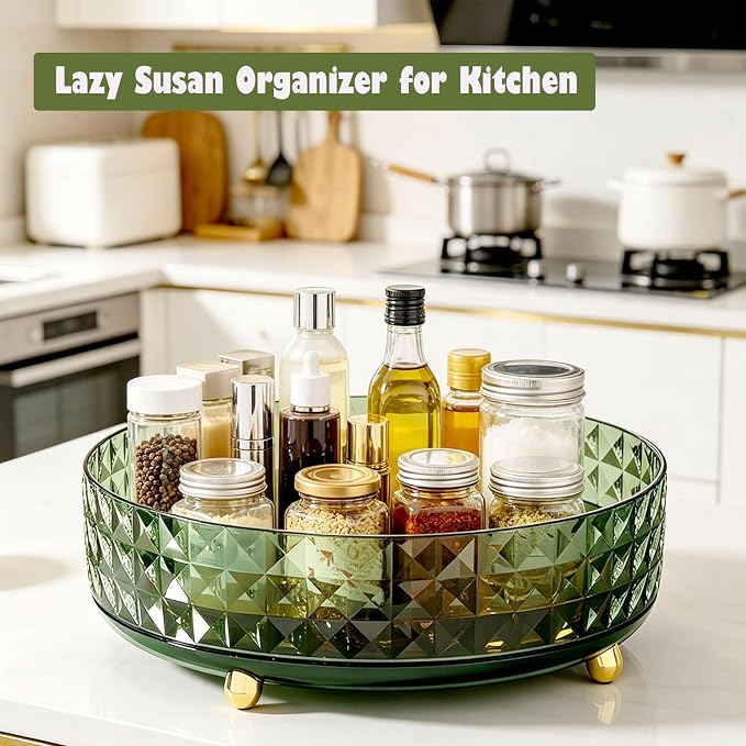 Makeup Perfume Organizer, 9 Inch /23cm 360 Degree Rotating Skincare Organizer, Cosmetics Organizer for Dresser Bathroom Bedroom Countertop Kitchen Pantry Cabinet Vanity Tray Refrigerator, Dark Green