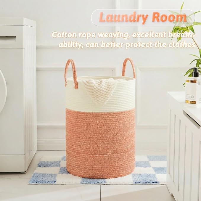 Laundry Basket,Woven Cotton Rope Laundry Hamper,60L for Decor Storage of Dirty Clothes,Toys and Blankets in Bathroom,Baby Room and Living Room