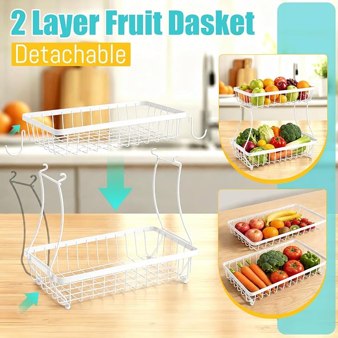 2-Tier Fruit Basket for Kitchen Counter with 2 Banana Hangers | Large Metal Fruit Bowl, Versatile Holder for Veggies, Produce Storage, 12.5"×7.5"×12"-White