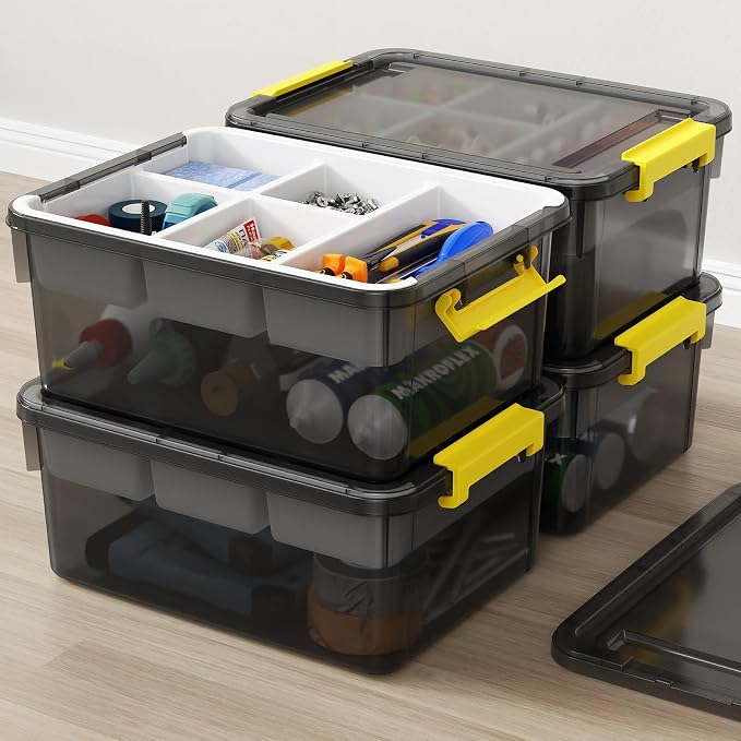 80Qt Stackable Storage Bins with Lids & Trays, Clear Plastic Latching Boxes Organizers with Dividers Portable Containers for Arts & Crafts, Home & Car Trunk Organization,Clear Grey,4Pack