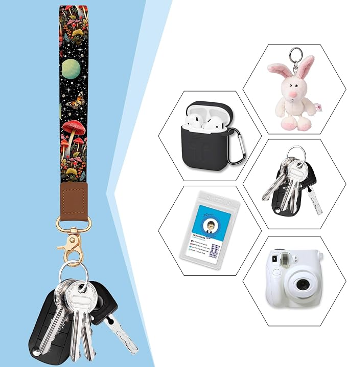Blusabaca Women Credit Card Holder, Small RFID Wallet with Wristlet Strap | Mushroom, Removable Keychain, Case Zipper, PU Leather, Cash Coin Pocket, Business Purse with Key Lanyard, Ladies Female Gift