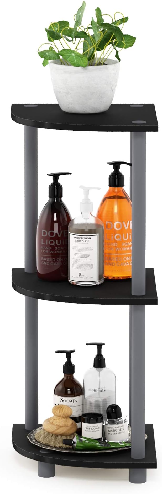 Furinno TURN-N-TUBE Corner Shelf, 3-Tier Corner Bookshelf, Display Storage Shelves with Open Shelves, for Organization and Storage, Living Room, Home Office, Garage, Black