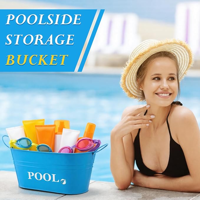 Blulu Pool Storage Bucket Metal Poolside Basket Above Ground Pool Bin Summer Basket Outdoor Storage for Sunscreen Goggles Flip Flop Spf Swimming Camping Beach Accessories Decor(Blue)